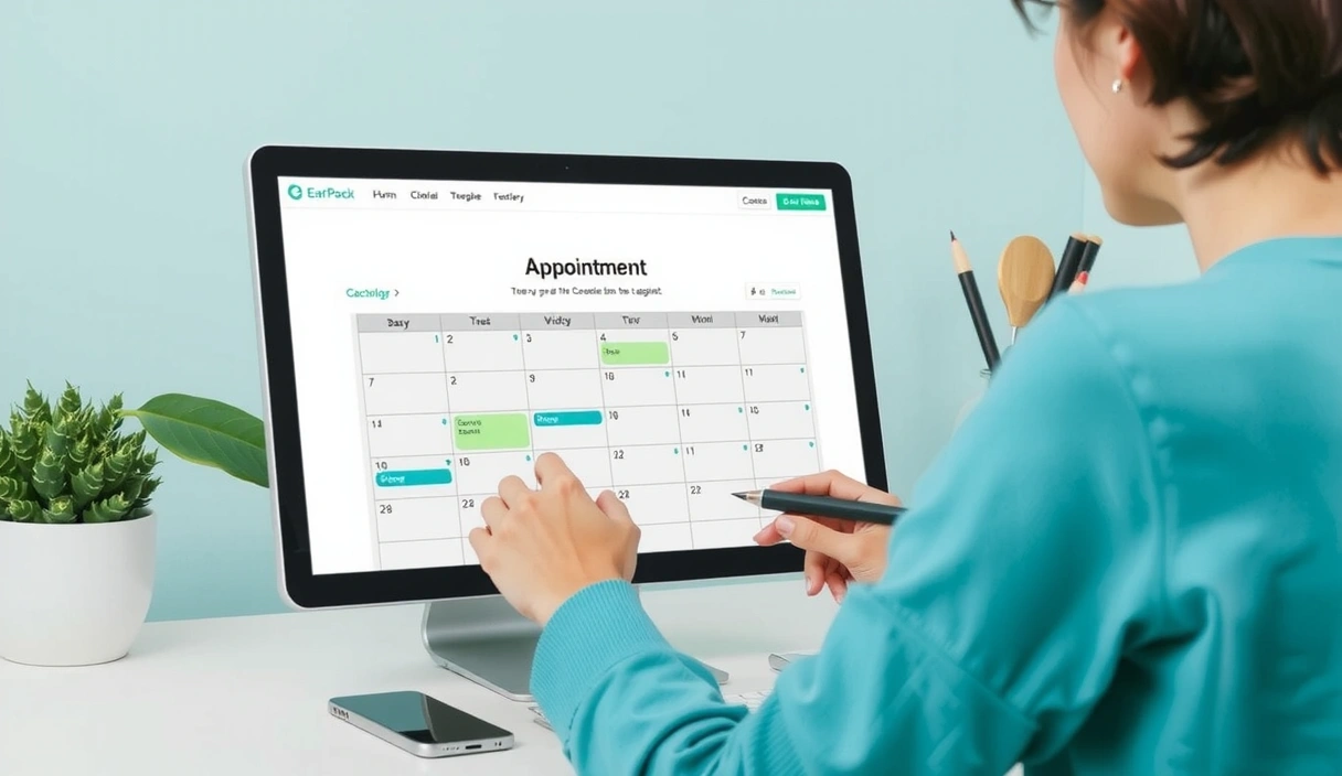 Nowoczesny obraz osoby wypełniającej formularz online lub umawiającej spotkanie w kalendarzu, ze świeżą paletą barw.