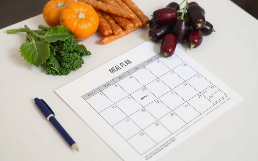 Tabulka s plánem jídla a perem, symbolizující plánování výživy