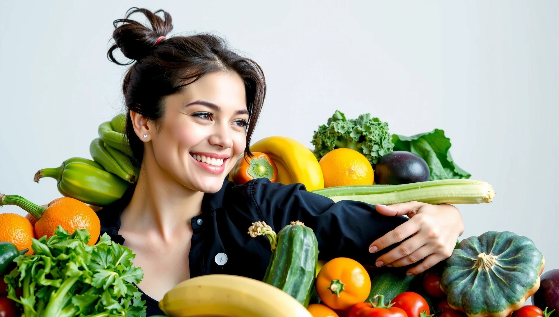 Šťastná a zdravá žena s čerstvým ovocem a zeleninou, symbolizující vitalitu a dobrou výživu