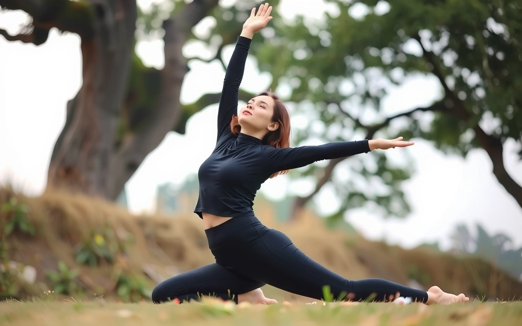 Žena cvičící jógu venku, symbolizující aktivní životní styl
