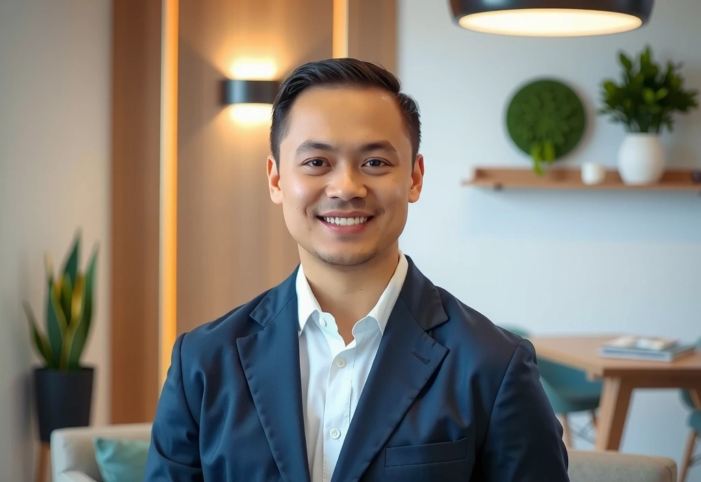 Profesionální nutriční specialista s úsměvem, připravený pomoci, v čisté a moderní poradně.