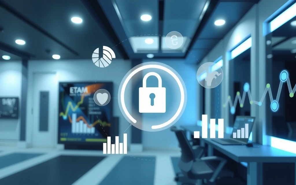 Ilustracja przedstawiająca bezpieczne przetwarzanie danych, z ikonami kłódki, tarczy i diagramów danych, w nowoczesnym, cyfrowym otoczeniu.