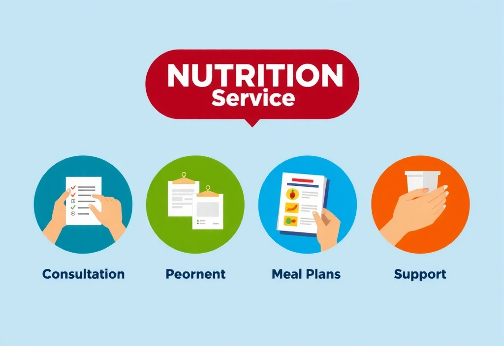 Ilustrace rozmanitosti nutričních služeb: ikony pro konzultace, plány a podporu