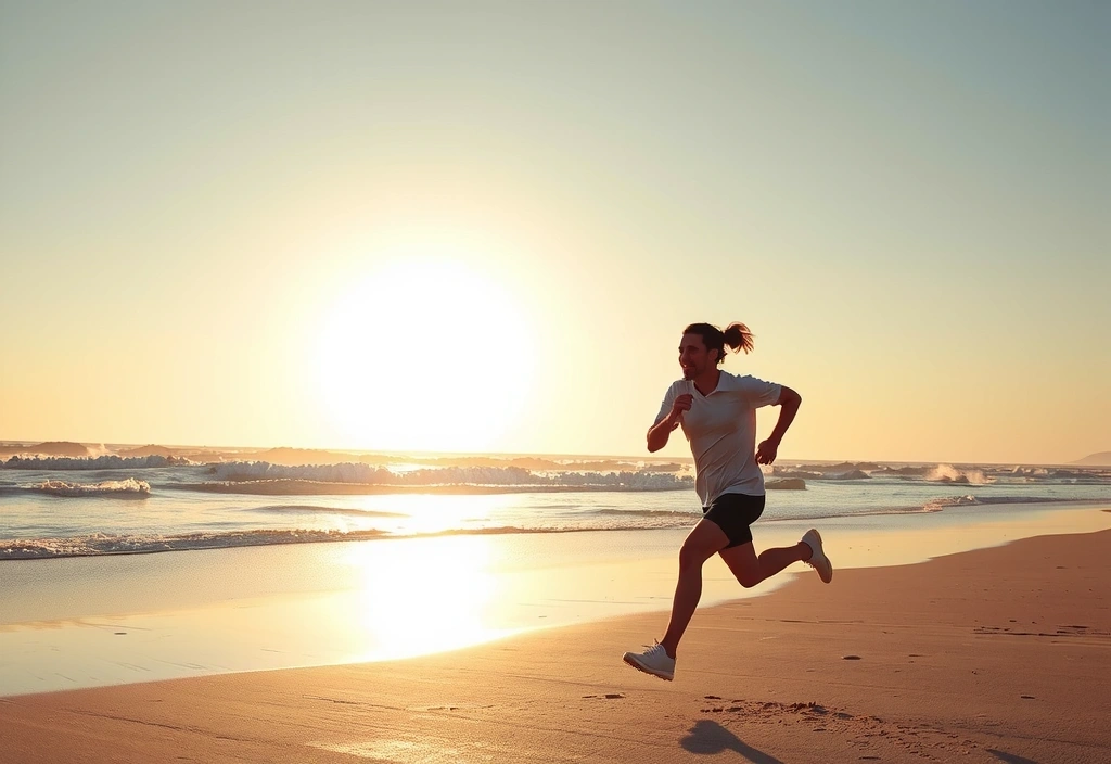 Inspirujące zdjęcie osoby biegnącej po plaży o wschodzie słońca, symbolizujące osiąganie celów zdrowotnych