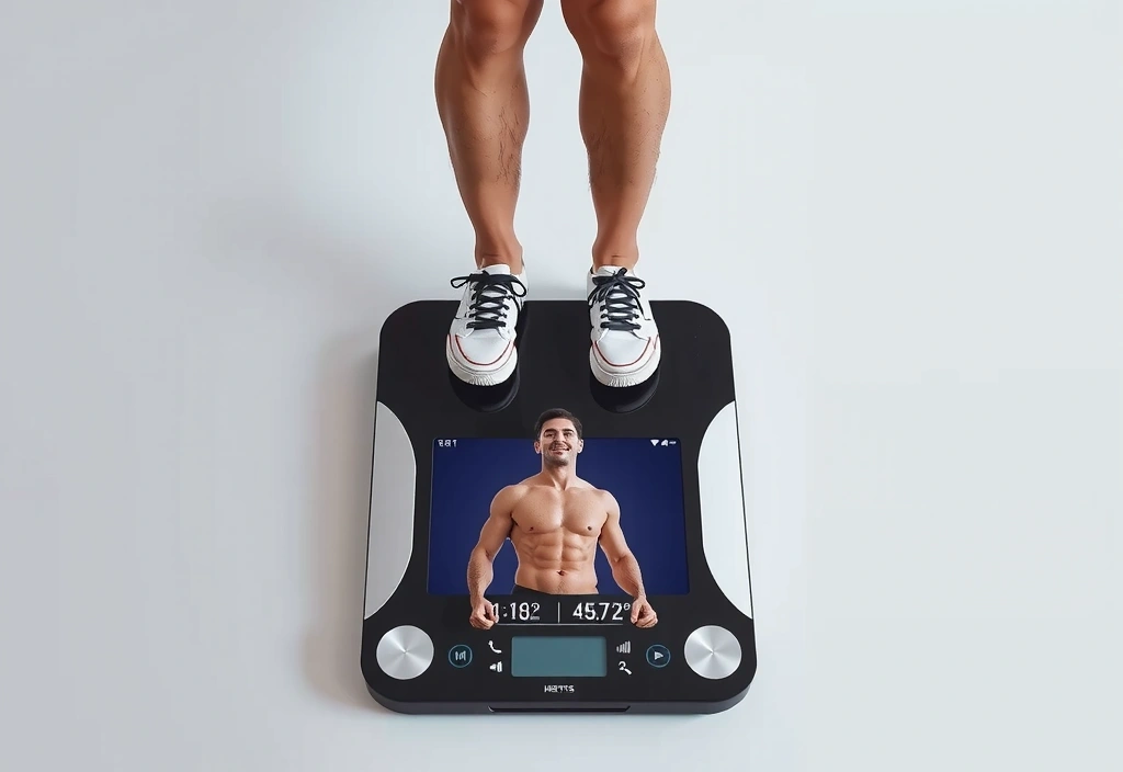 Osoba ważąca się na zaawansowanej wadze do analizy składu ciała, z widocznymi cyfrowymi wynikami.