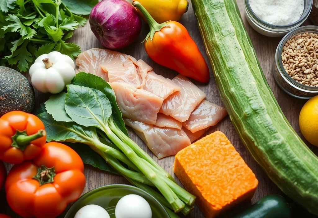 Różnorodne, zdrowe produkty spożywcze na stole, symbolizujące dietę dla osób z chorobami dietozależnymi.