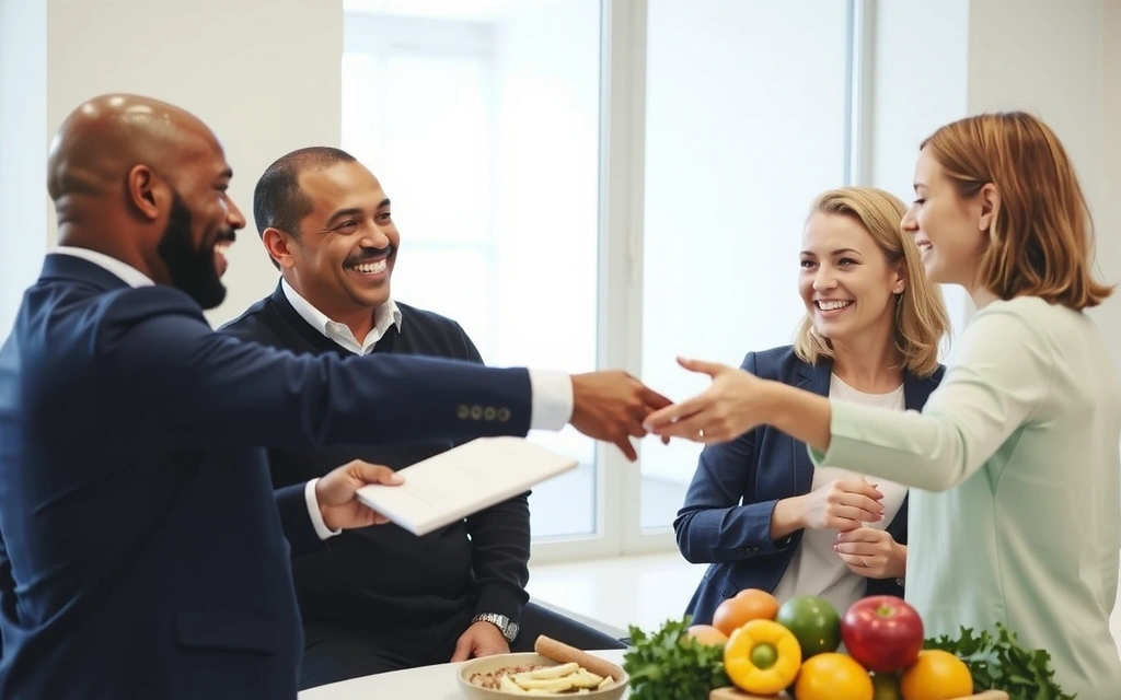 Ilustrace páru s dietologem diskutujícím o zdravé stravě